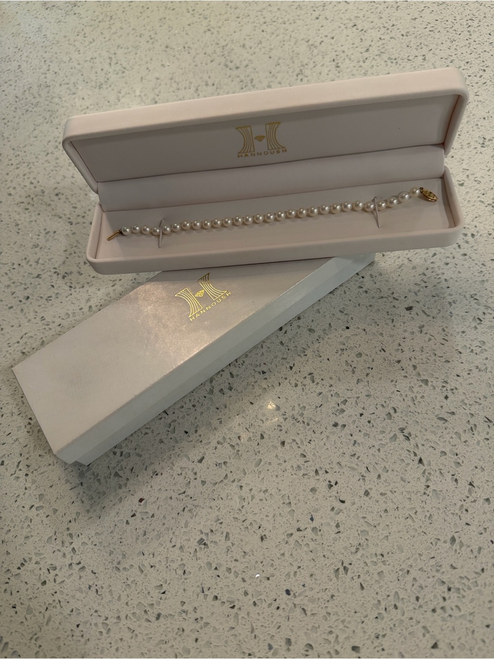 Classic Pearl Bracelet in White with Gold Clasp by Hannoush